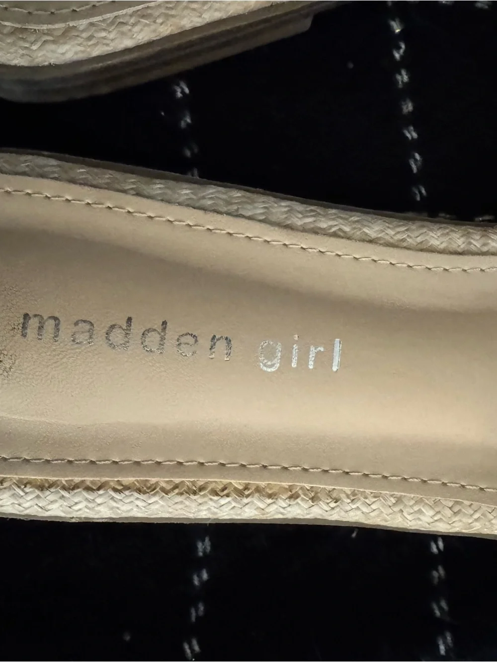 Madden Girl Tan Woven Slide Sandals with Pearl Studs